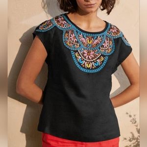 Boden, Black, Embroidered, Linen, Crewneck Top, size 8